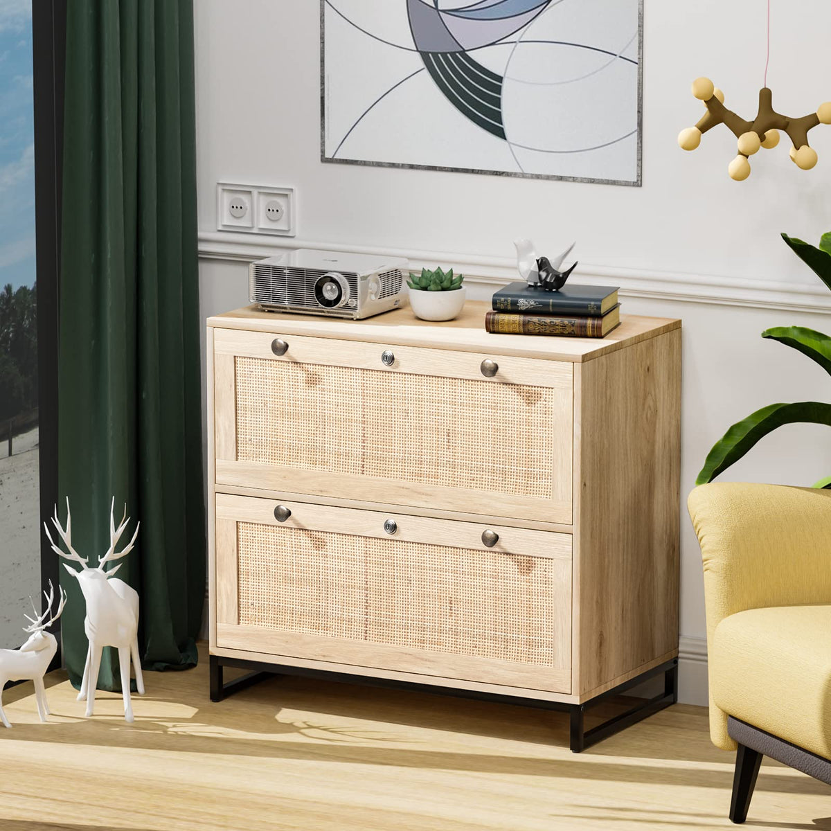 Oak Wood Rattan 2 Drawer Lateral File Cabinet with Lock F78727
