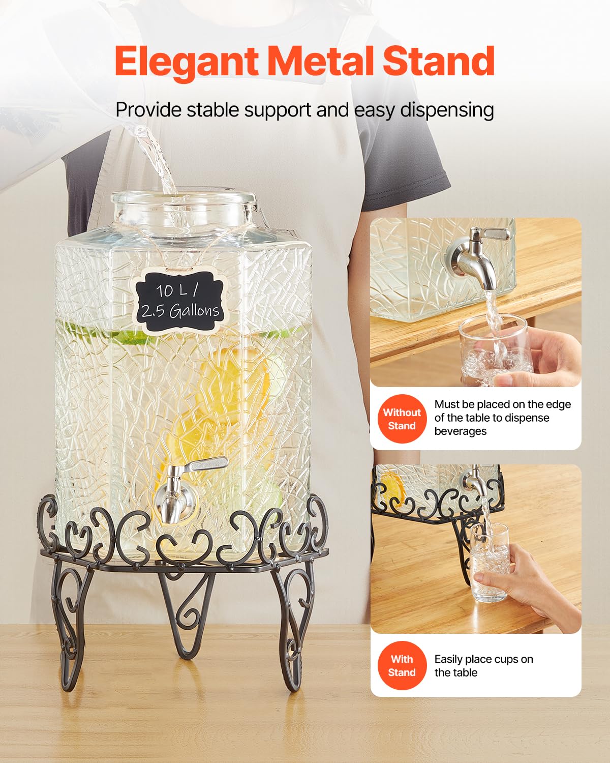 2.5 Gallon Glass Beverage Dispenser with Metal Stand M57701