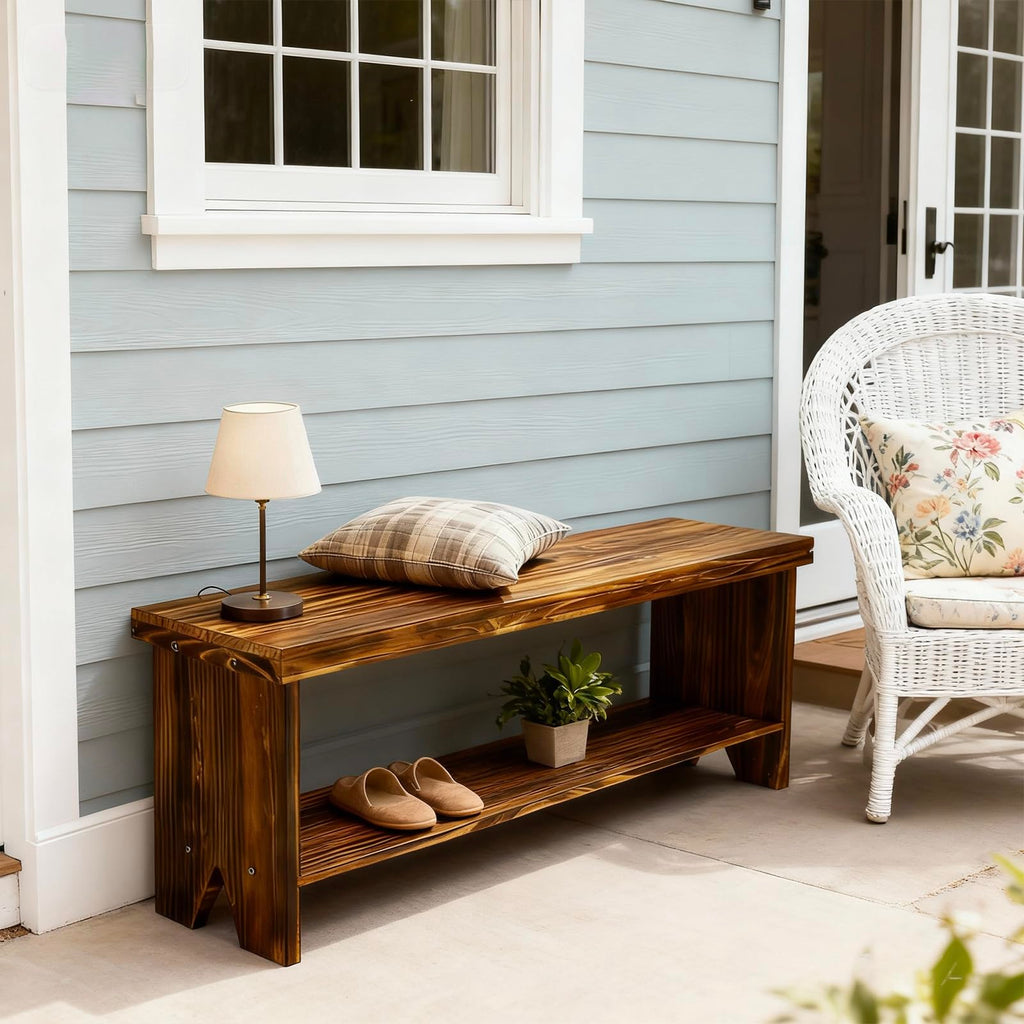 Solid Wood Entryway Bench with Storage Shelf R9498
