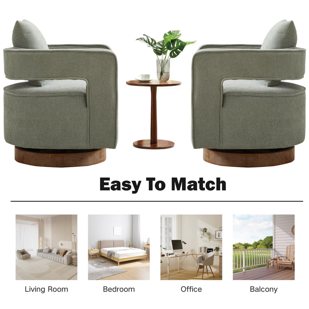 Green Linen Swivel Accent Barrel Chair Set of 2 with Solid Wood Base R868153