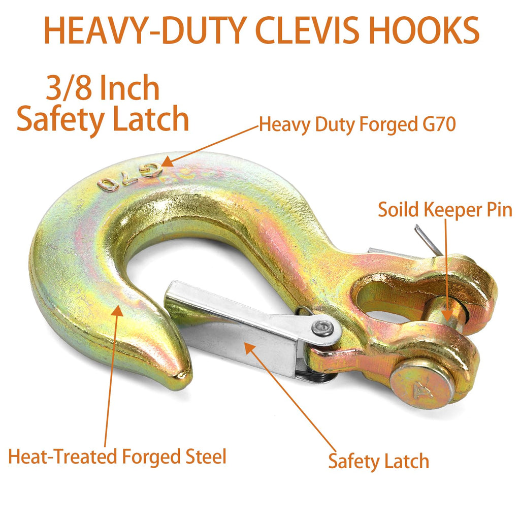 6 Pack 3/8 Inch G70 Forged Steel Clevis Slip Hook with Safety Latch U6027