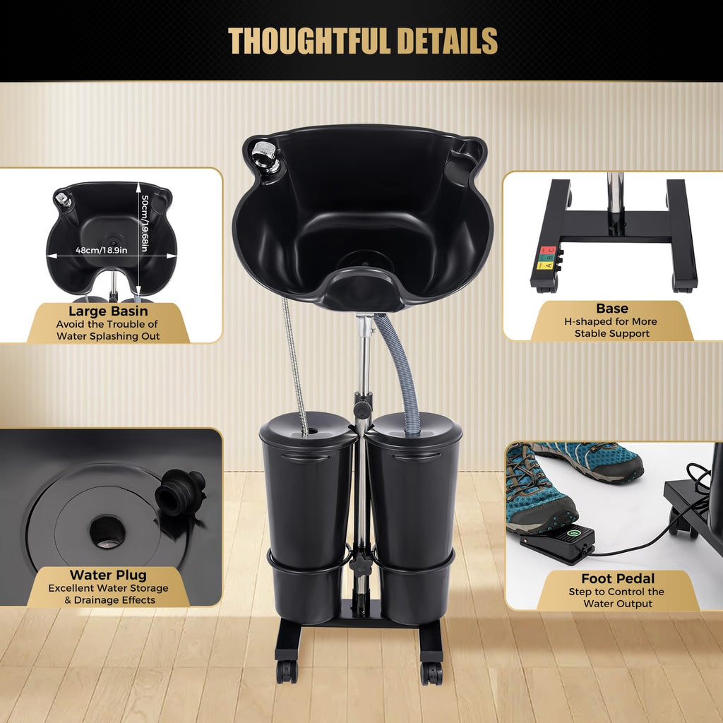 Portable Shampoo Bowl with Dual Buckets, Adjustable Height, Electric Pump, Foot Pedal Control, Black U9950