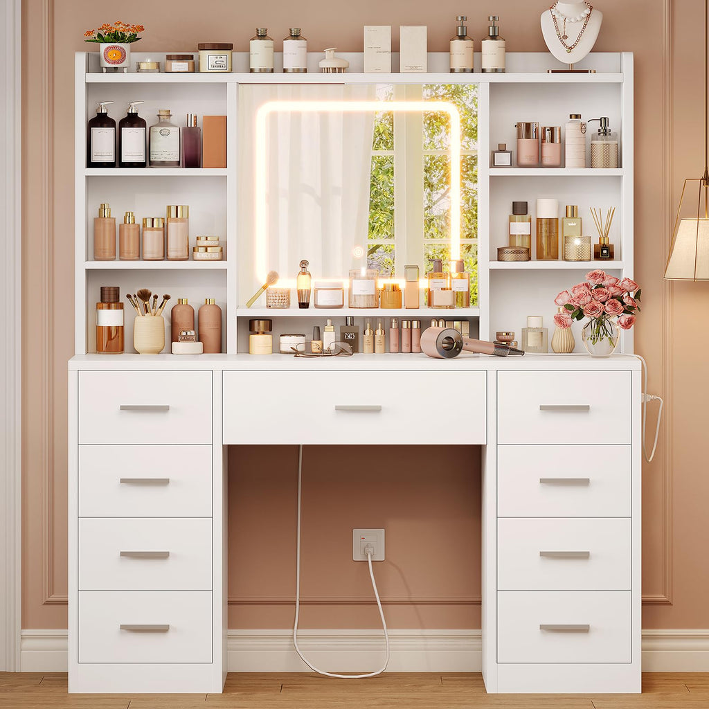 White Vanity Desk with Mirror and 9 Drawers F986