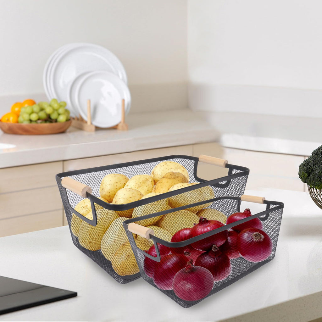 Potato and Onion Storage Bin, 2 Set Metal Mesh Baskets with Wooden Handle T480731