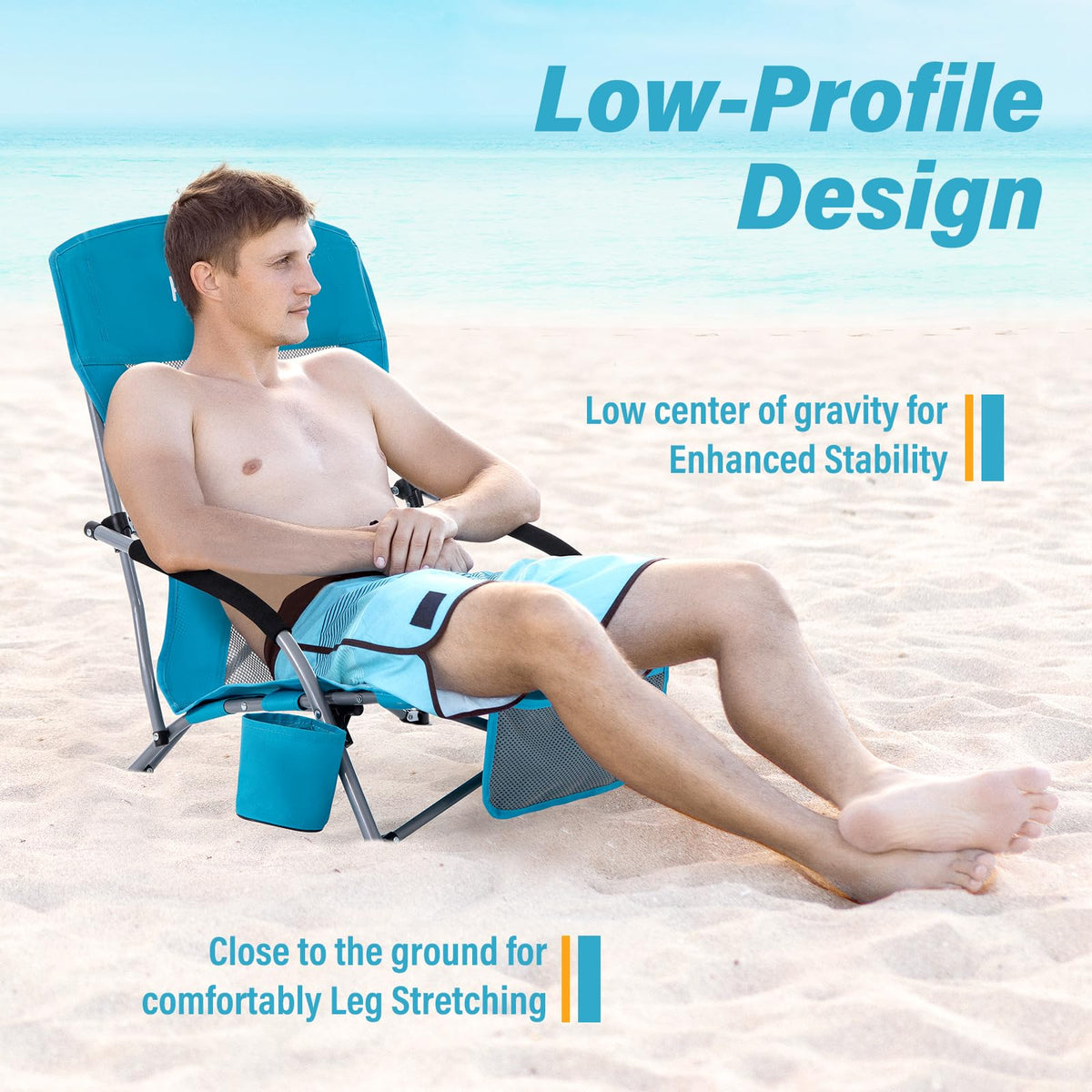 Portable Low Folding Beach Chairs Set of 2 Lightweight with Cup Holder Storage Pockets Carry Bag Blue F701498