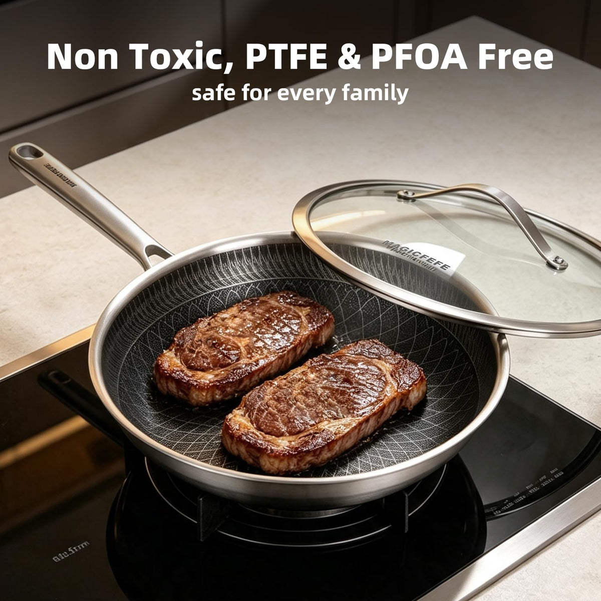 3-Piece Nonstick Stainless Steel Skillet Set with Glass Lids D435315