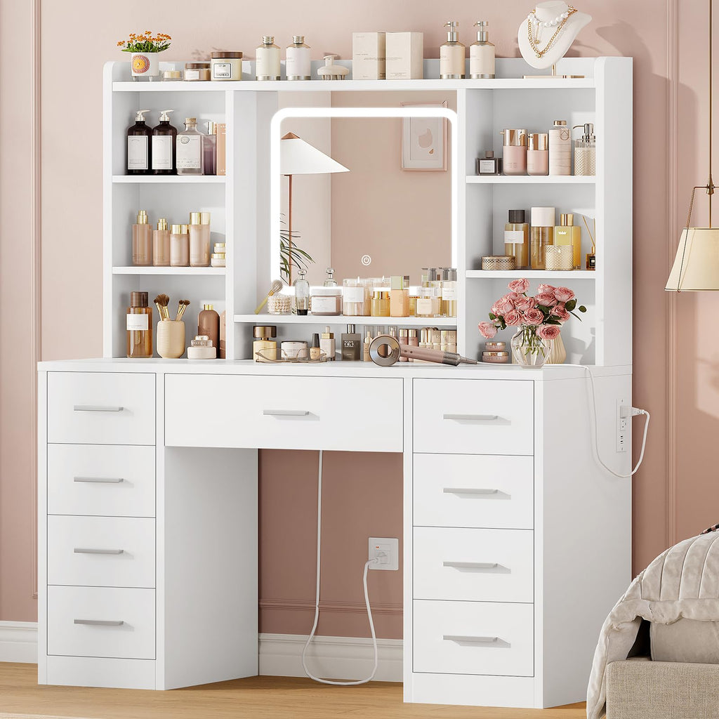 White Vanity Desk with Mirror and 9 Drawers F986