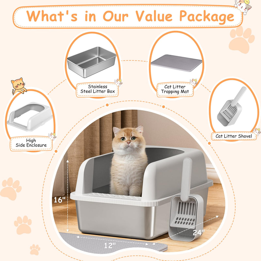 Stainless Steel Extra Large Enclosed Cat Litter Box with Lid and Mat A529562