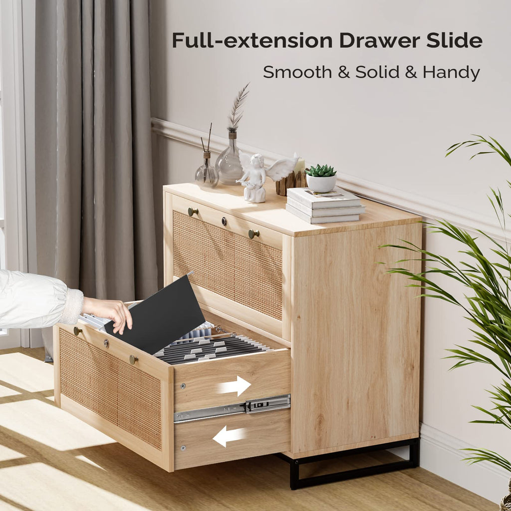 Oak Wood Rattan 2 Drawer Lateral File Cabinet with Lock F78727