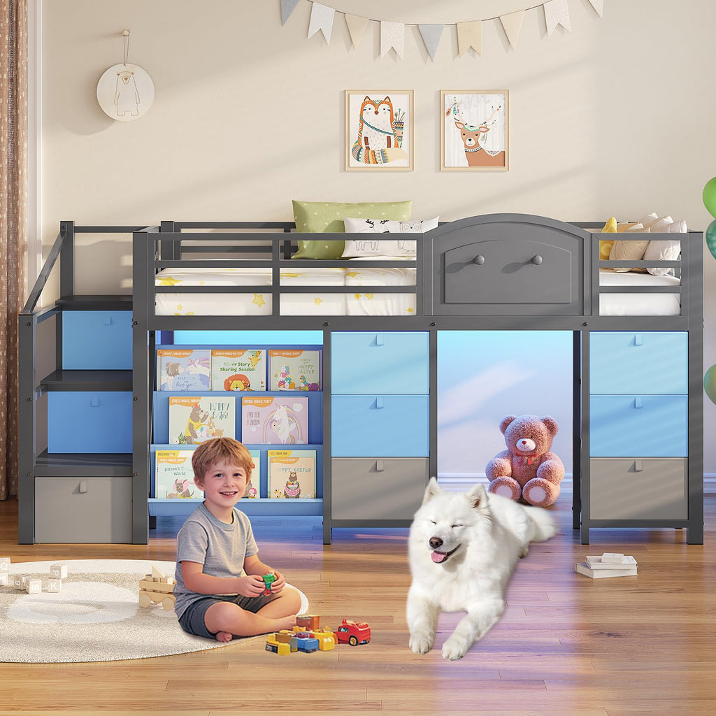 Twin Size Low Loft Bed with 9 Storage Drawers and Staircase K88267