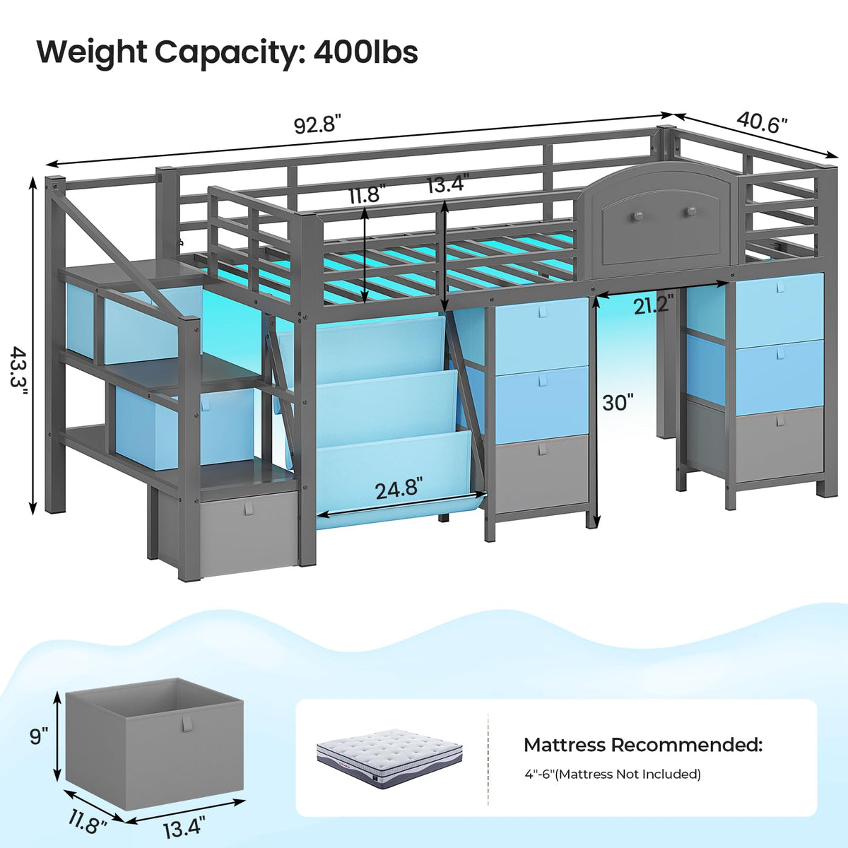 Twin Size Low Loft Bed with 9 Storage Drawers and Staircase K88267