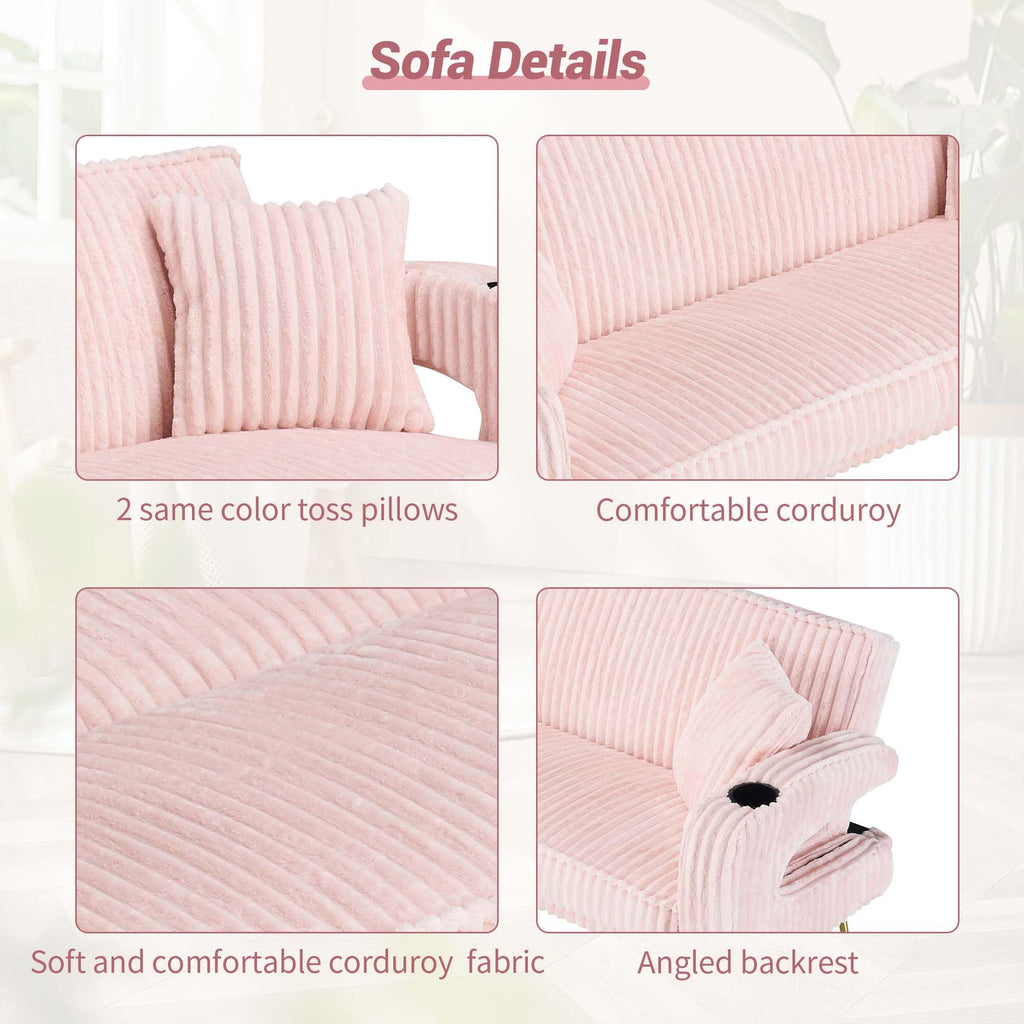 74" Pink Corduroy Convertible Sofa Bed with Cup Holder X654