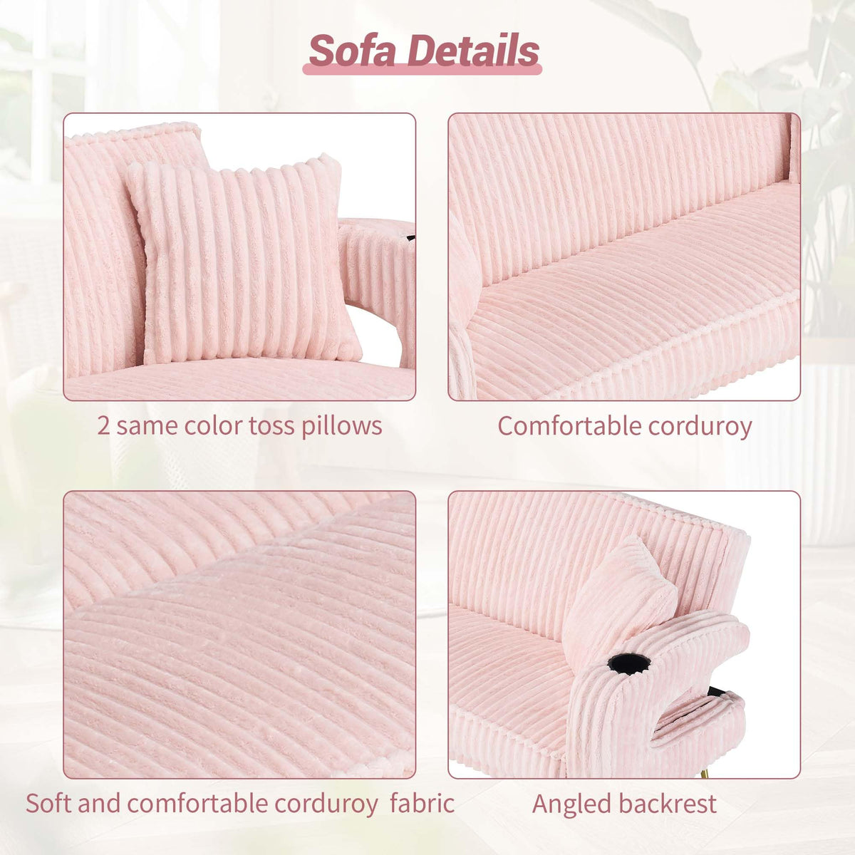 74" Pink Corduroy Convertible Sofa Bed with Cup Holder X654