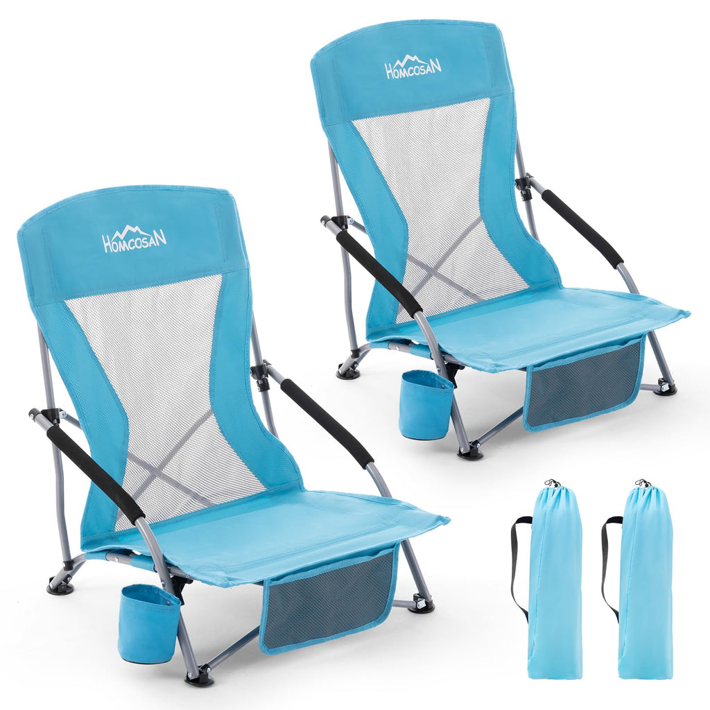 Portable Low Folding Beach Chairs Set of 2 Lightweight with Cup Holder Storage Pockets Carry Bag Blue F701498