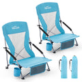 Portable Low Folding Beach Chairs Set of 2 Lightweight with Cup Holder Storage Pockets Carry Bag Blue F701498