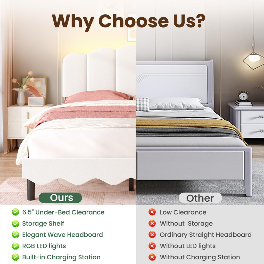Beige Full Size Bed Frame with Storage Headboard Q6687
