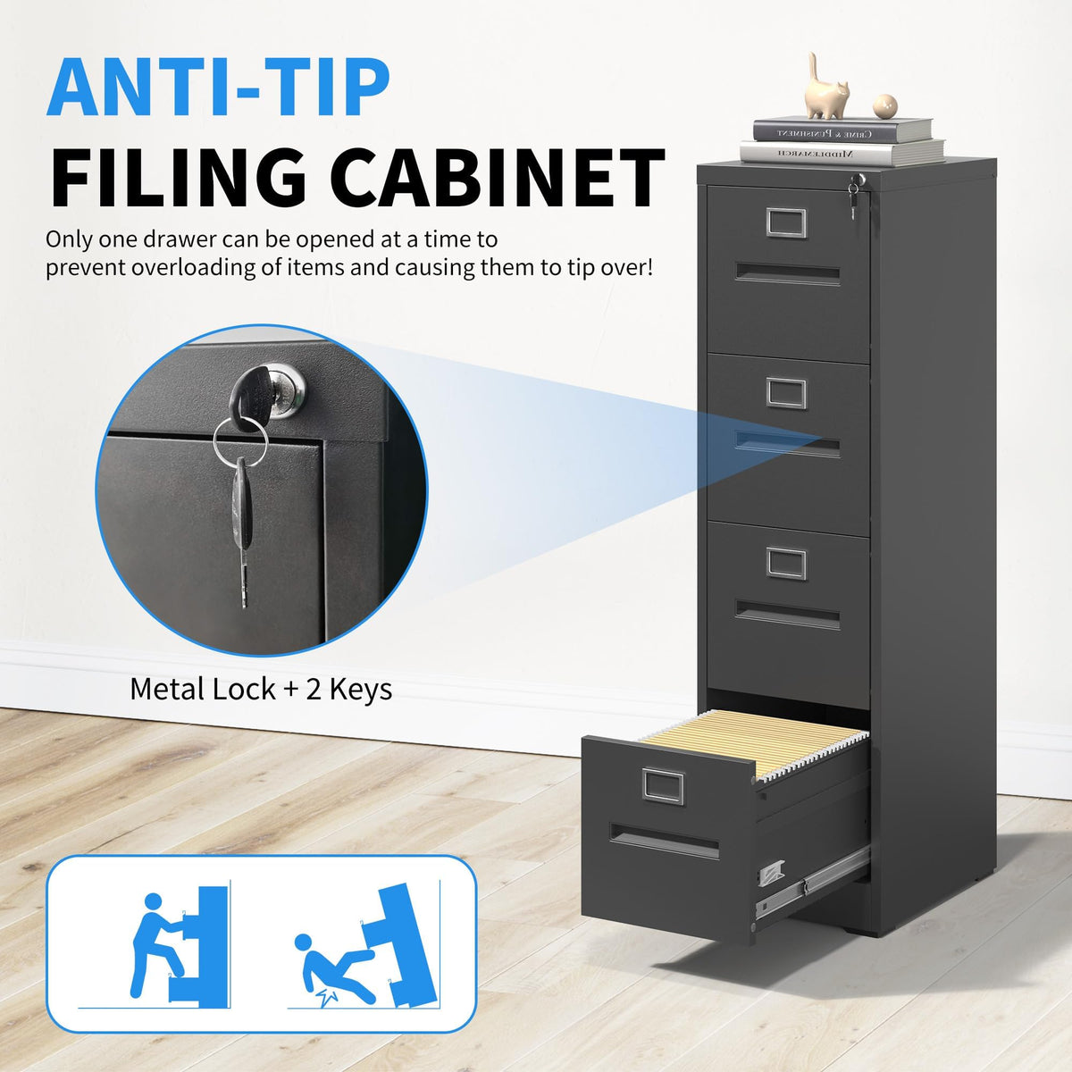 Black 4 Drawer Metal File Cabinet with Lock Q940