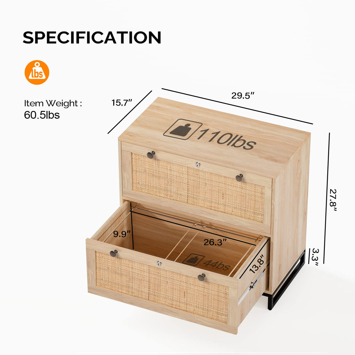 Oak Wood Rattan 2 Drawer Lateral File Cabinet with Lock F78727