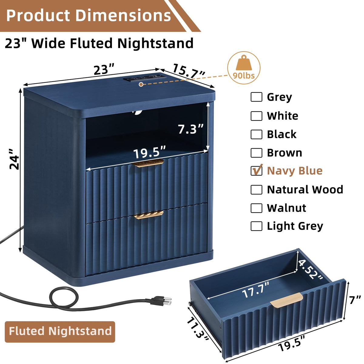 Blue 2 Drawer Fluted Nightstand with Charging Station J47330