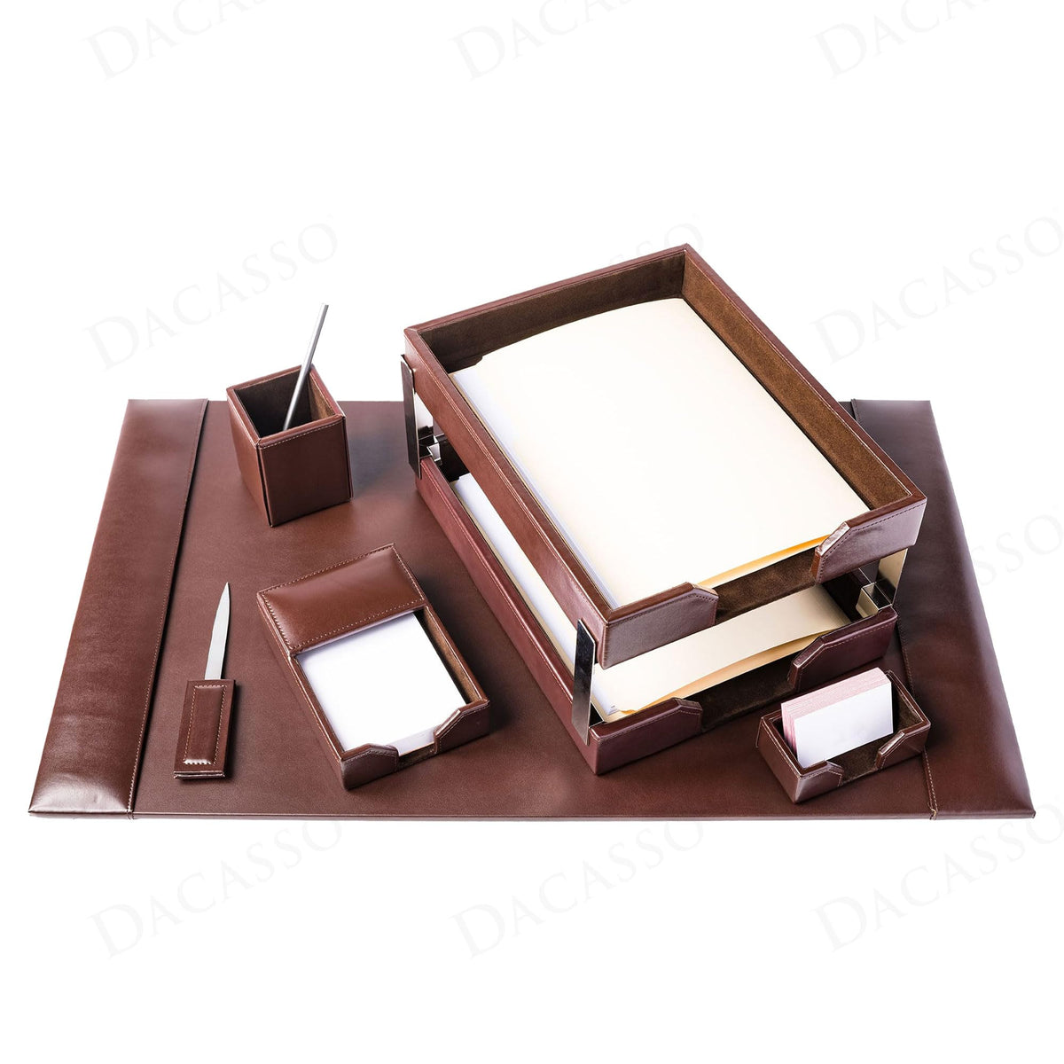Dark Brown Bonded Leather 8-Piece Desk Accessory Set A12043