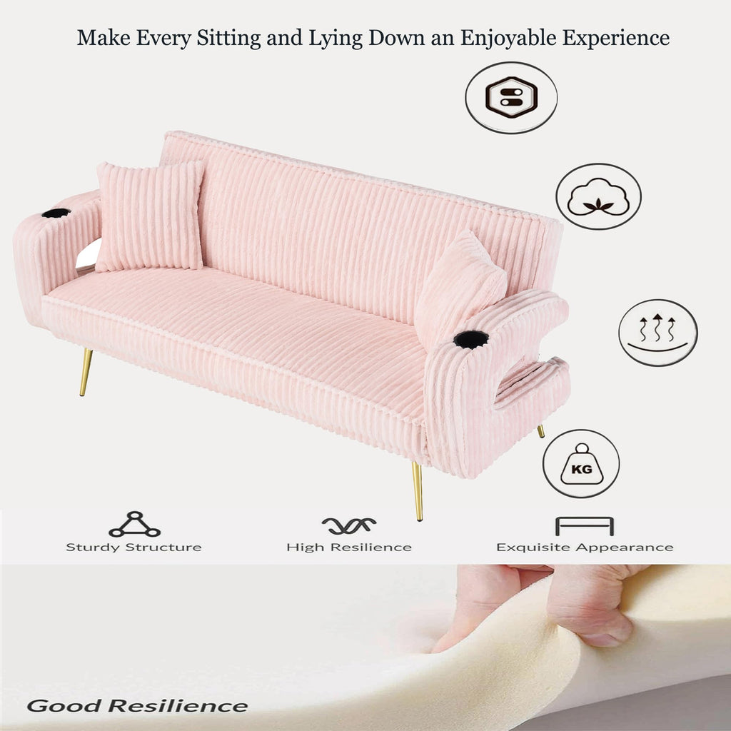 74" Pink Corduroy Convertible Sofa Bed with Cup Holder X654