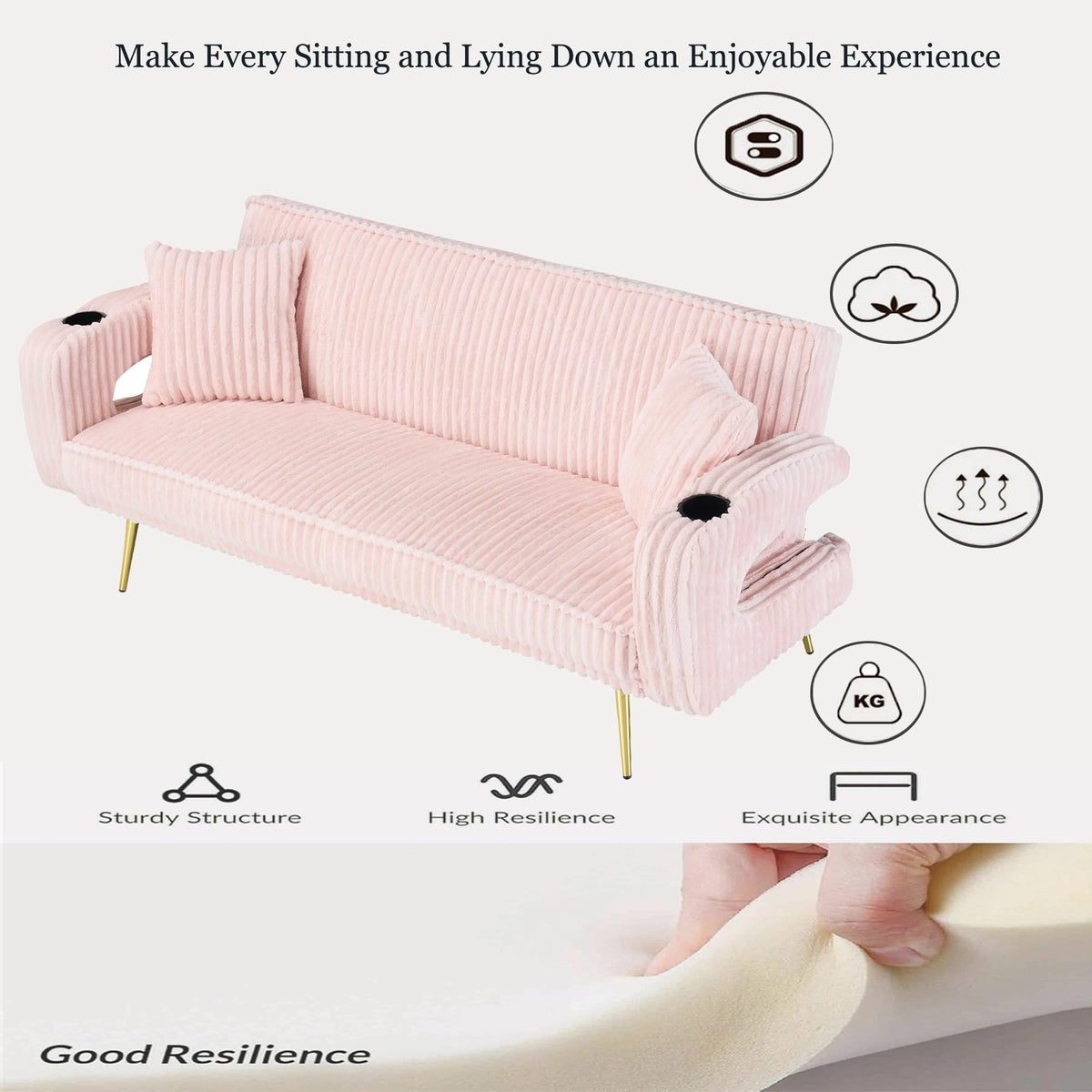 74" Pink Corduroy Convertible Sofa Bed with Cup Holder X654