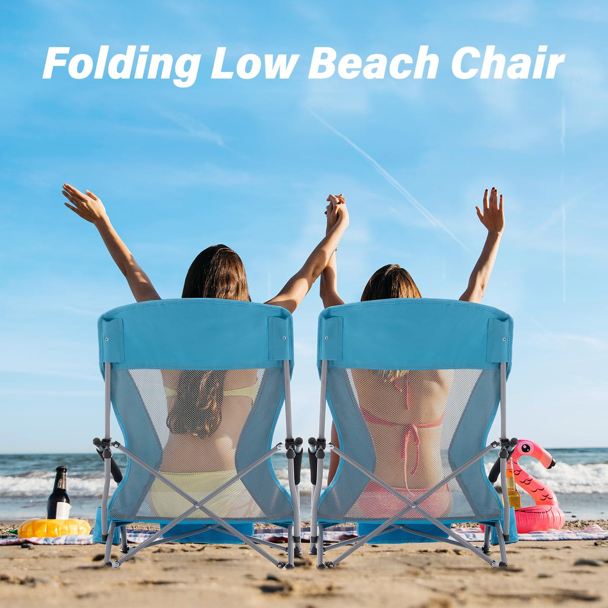 Portable Low Folding Beach Chairs Set of 2 Lightweight with Cup Holder Storage Pockets Carry Bag Blue F701498