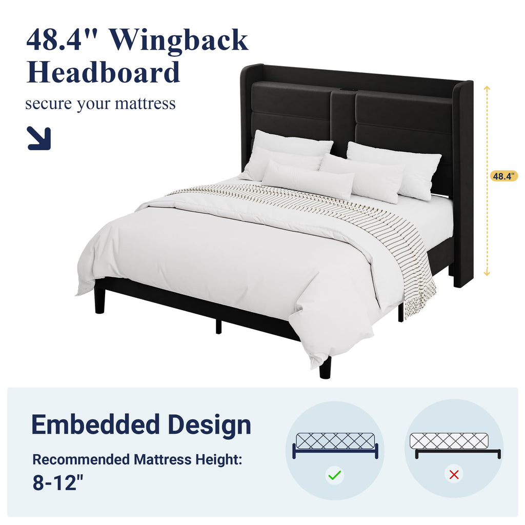 Queen Size Black Velvet Upholstered Platform Bed Frame with Storage Headboard J3179