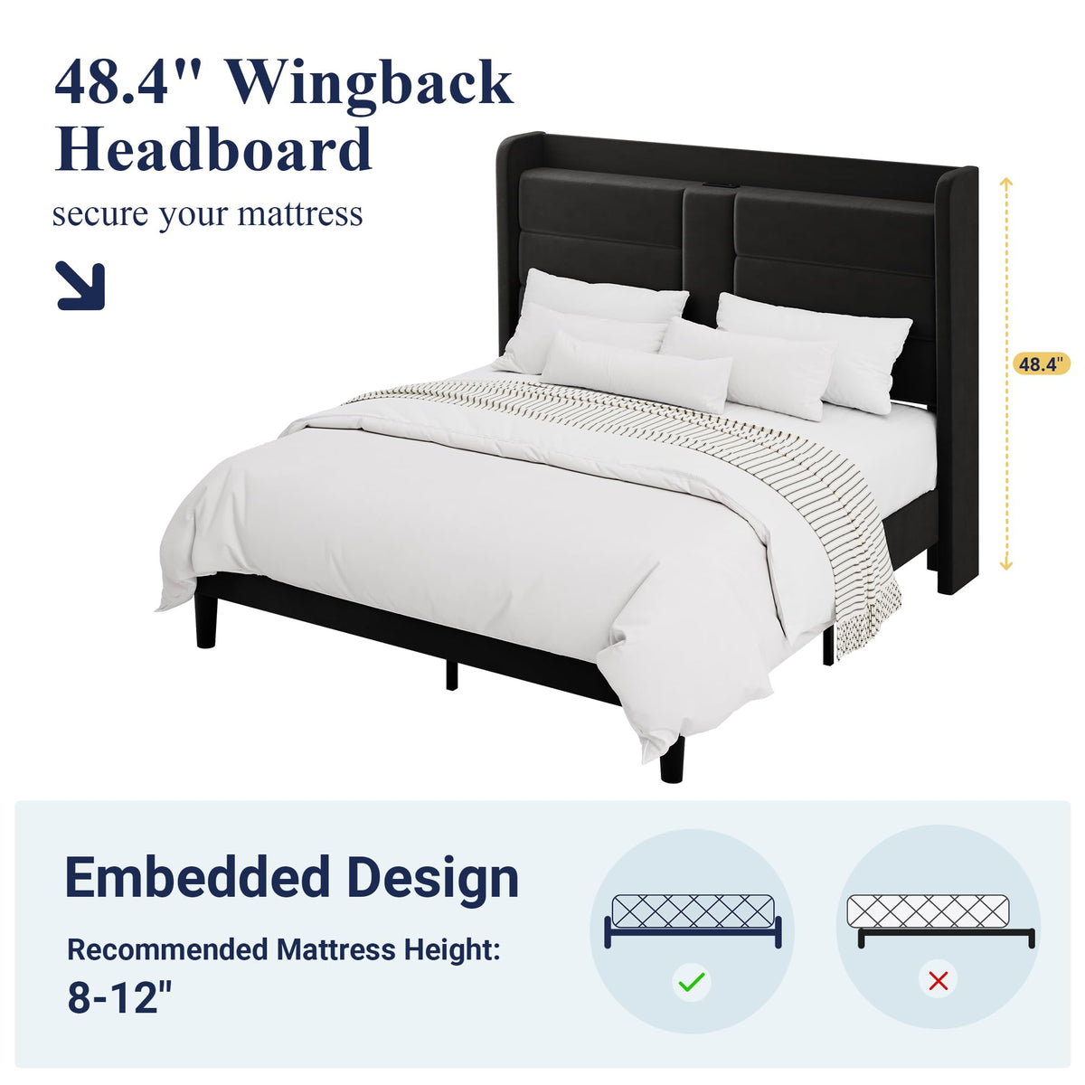 Queen Size Black Velvet Upholstered Platform Bed Frame with Storage Headboard J3179
