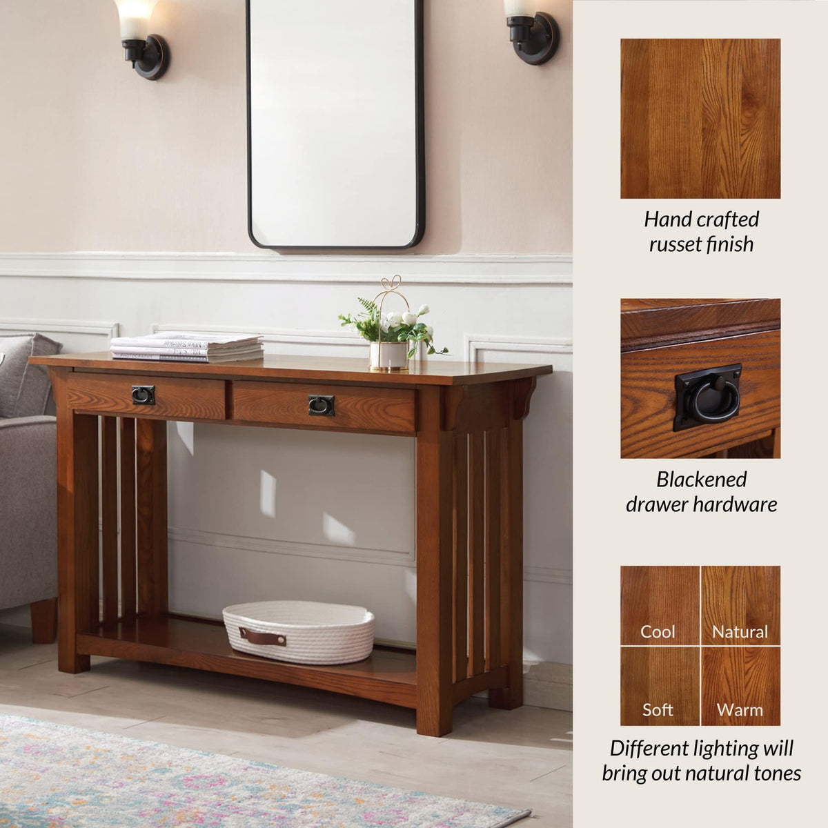 Transitional Solid Ash Console Table with 2 Drawers B547