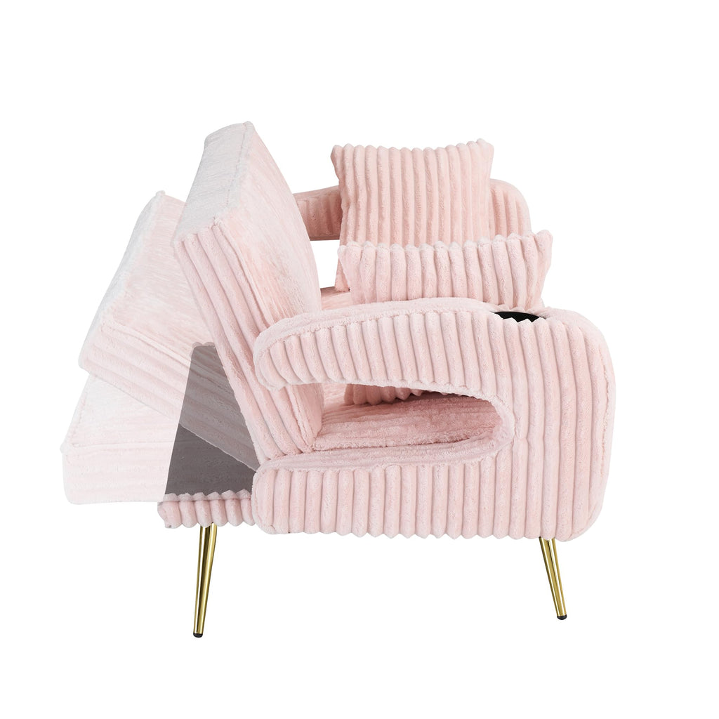 74" Pink Corduroy Convertible Sofa Bed with Cup Holder X654