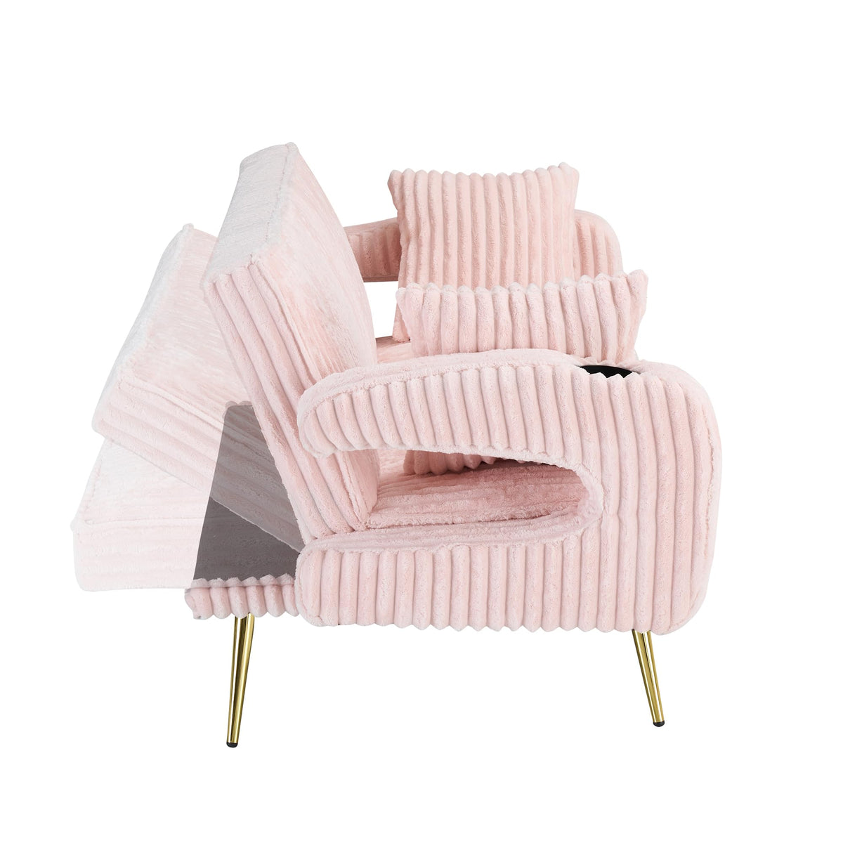 74" Pink Corduroy Convertible Sofa Bed with Cup Holder X654