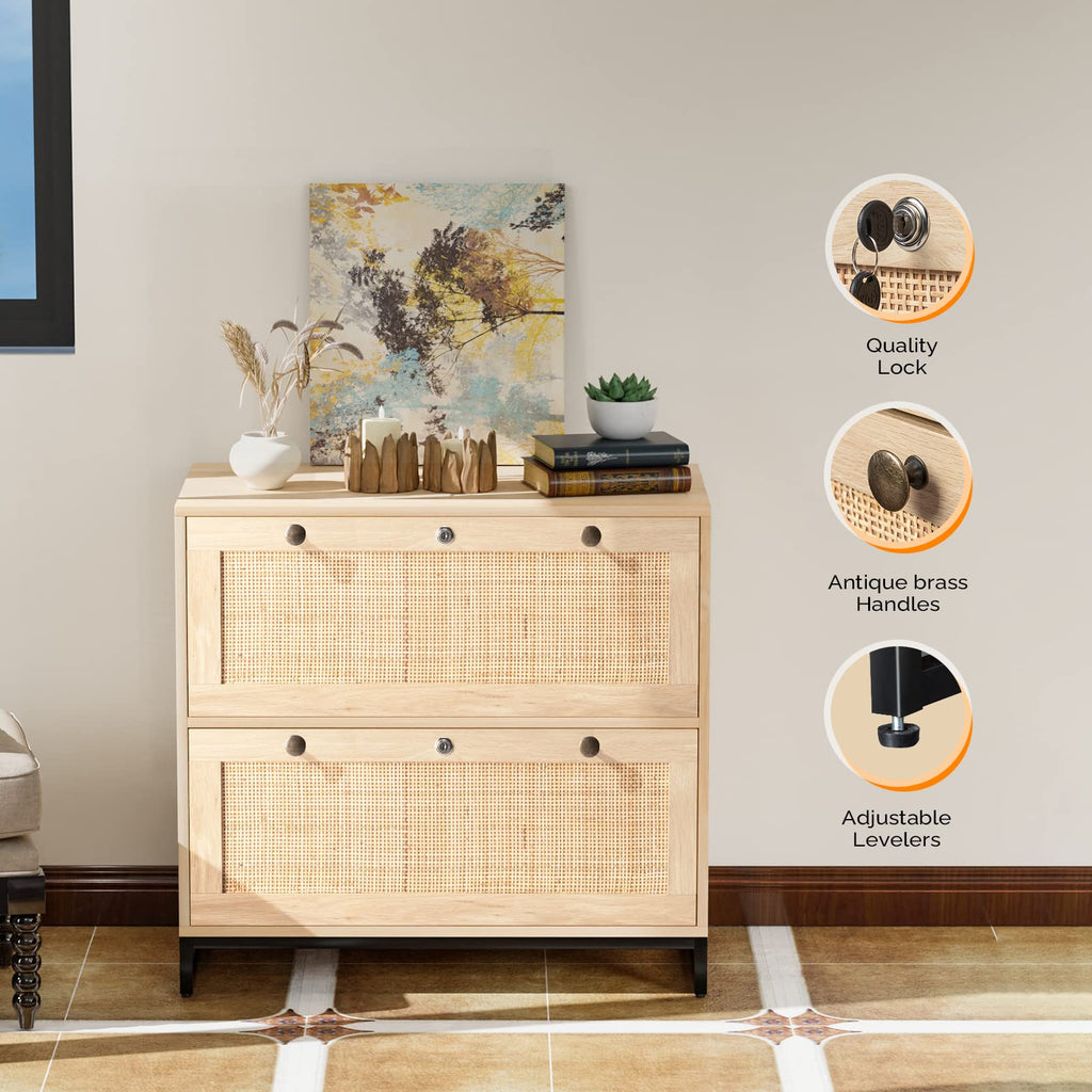 Oak Wood Rattan 2 Drawer Lateral File Cabinet with Lock F78727
