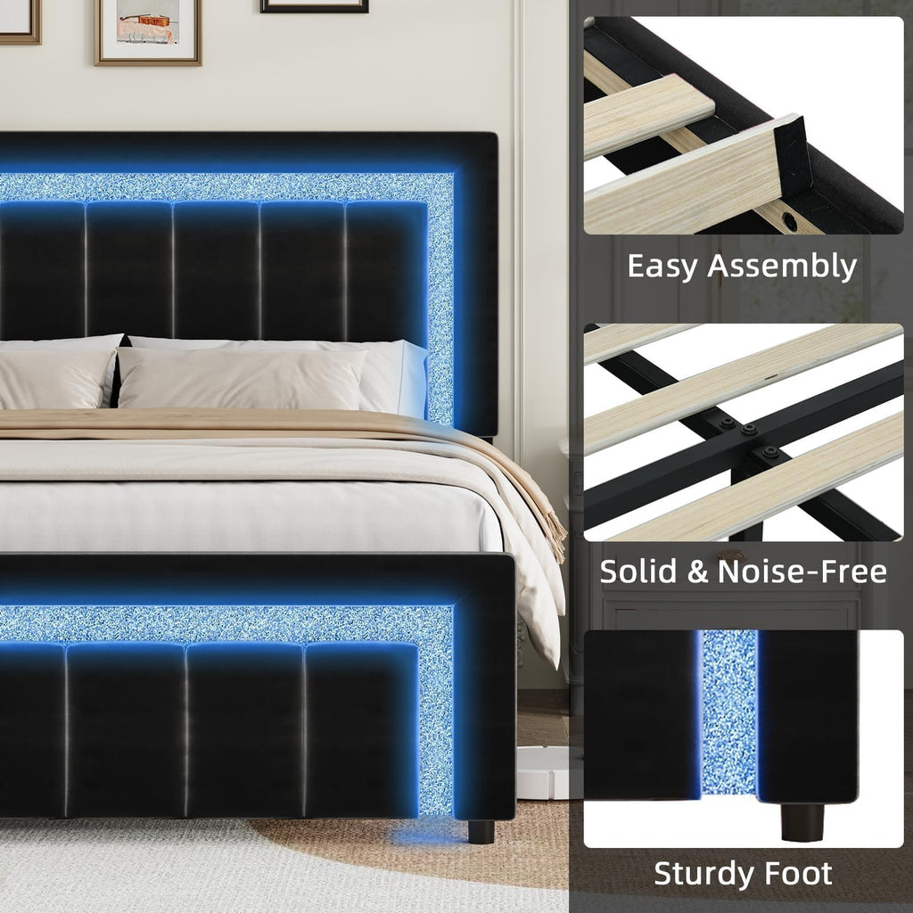 Full Size Velvet Upholstered Bed Frame with LED Lights R70114