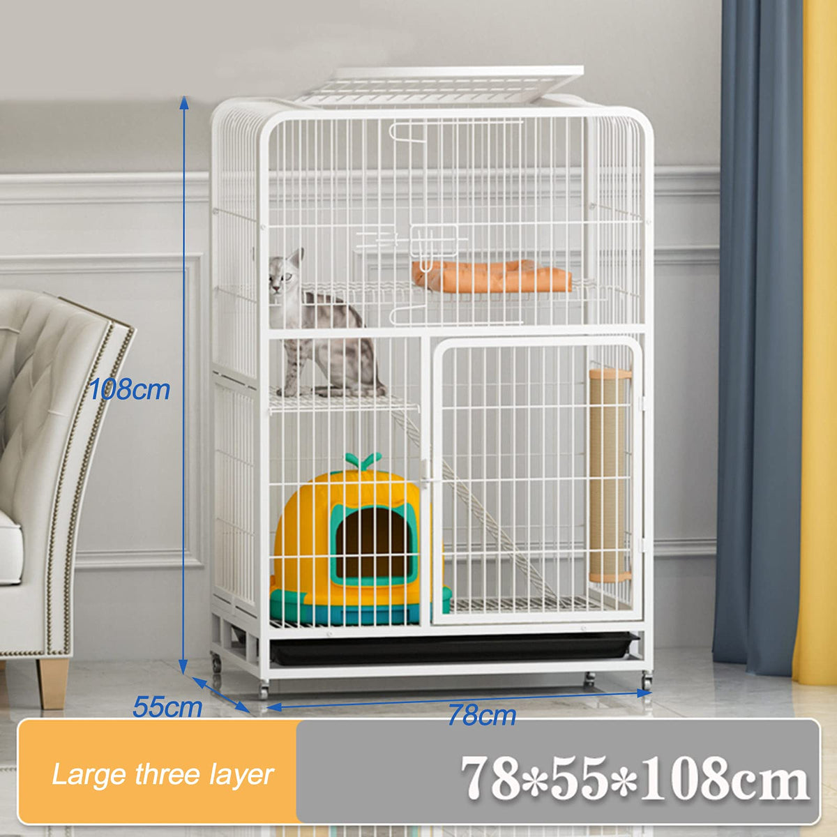 Large 3-Tier Metal Wire Cat Cage with Hammock and Casters C5529