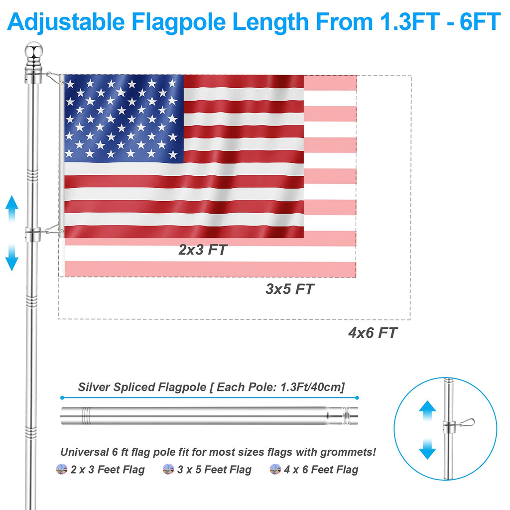 Silver 6 FT Metal Flagpole Kit and 304 Stainless Steel Flagpole Clips F301