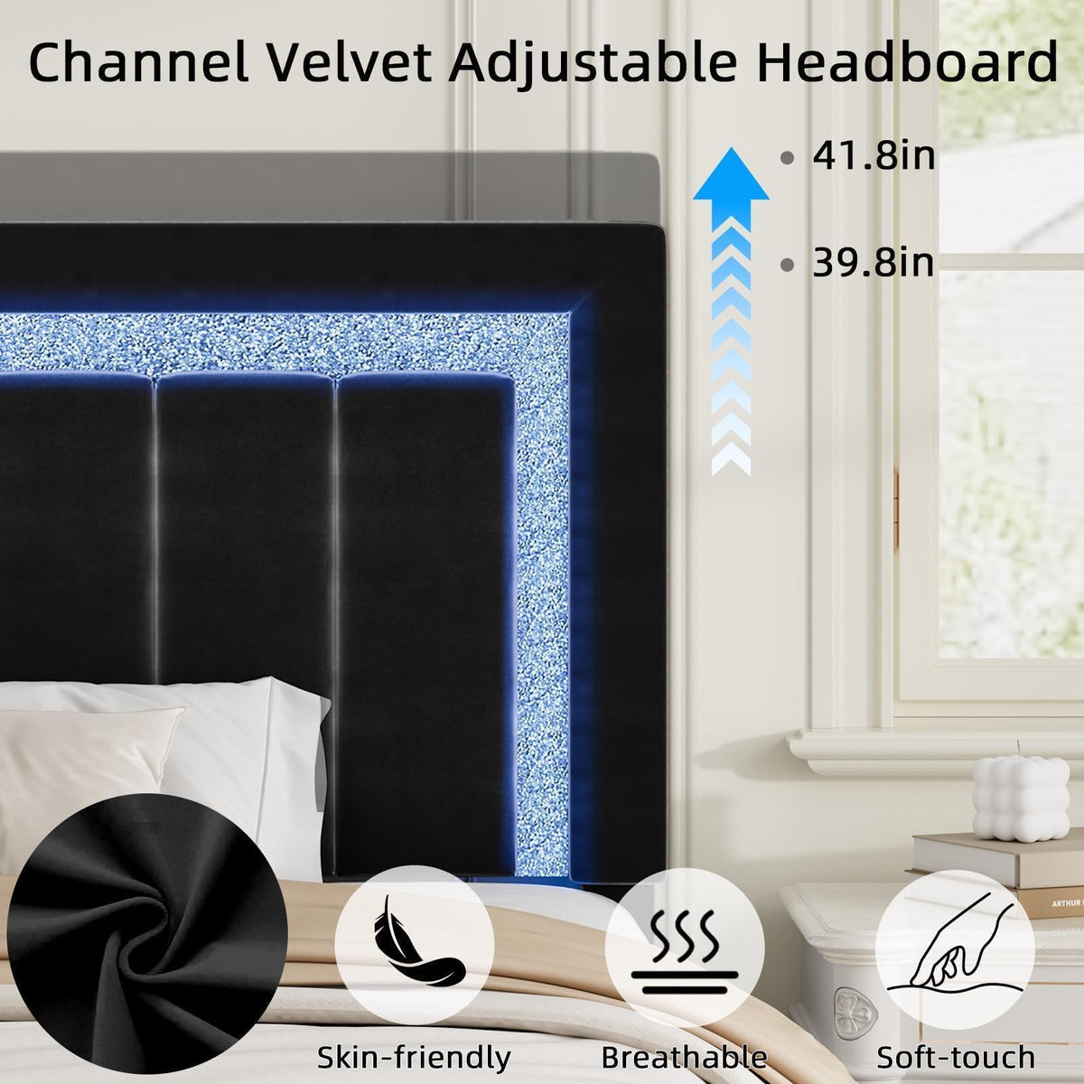 Full Size Velvet Upholstered Bed Frame with LED Lights R70114