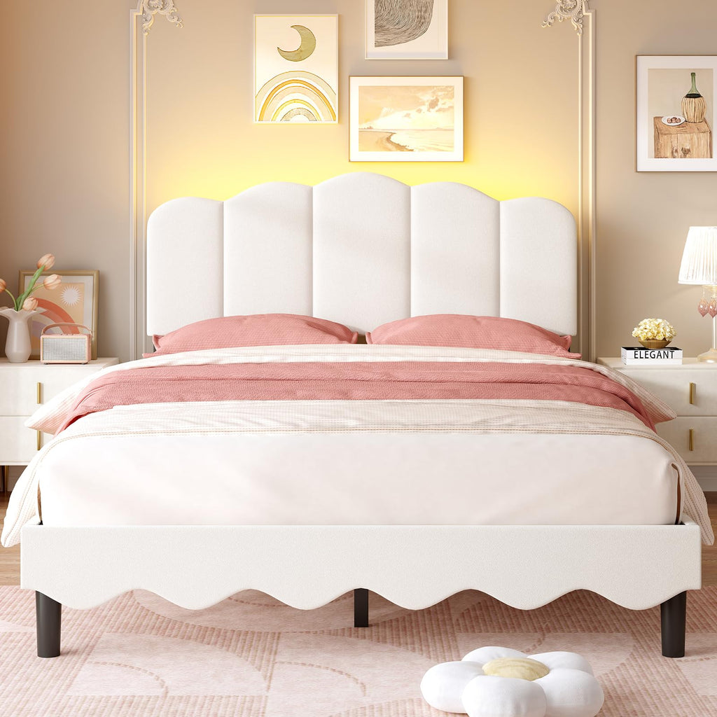 Beige Full Size Bed Frame with Storage Headboard Q6687
