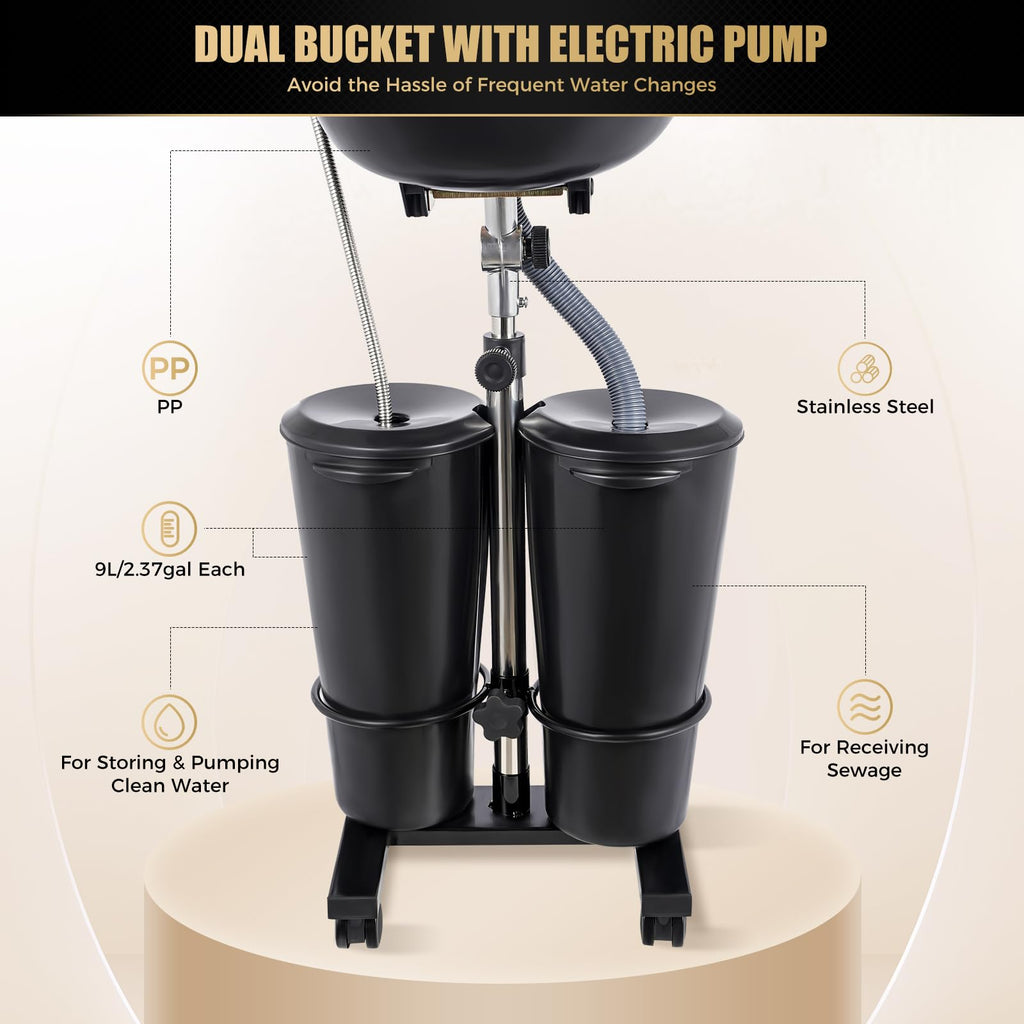 Portable Shampoo Bowl with Dual Buckets, Adjustable Height, Electric Pump, Foot Pedal Control, Black U9950