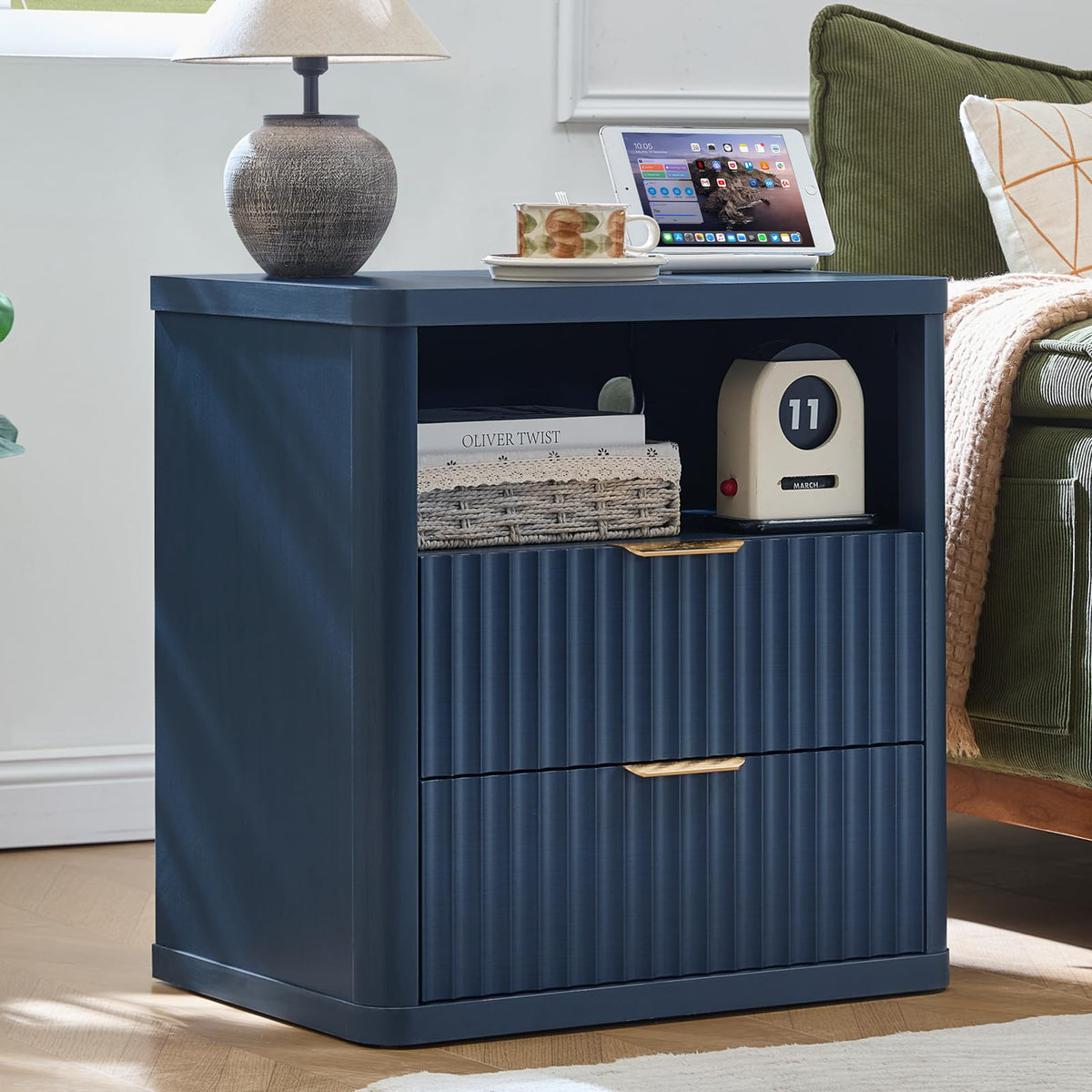 Blue 2 Drawer Fluted Nightstand with Charging Station J47330