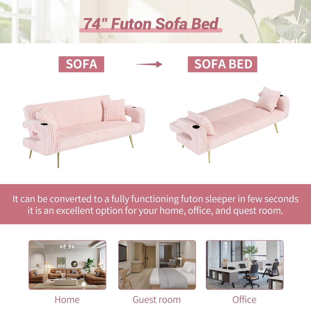 74" Pink Corduroy Convertible Sofa Bed with Cup Holder X654