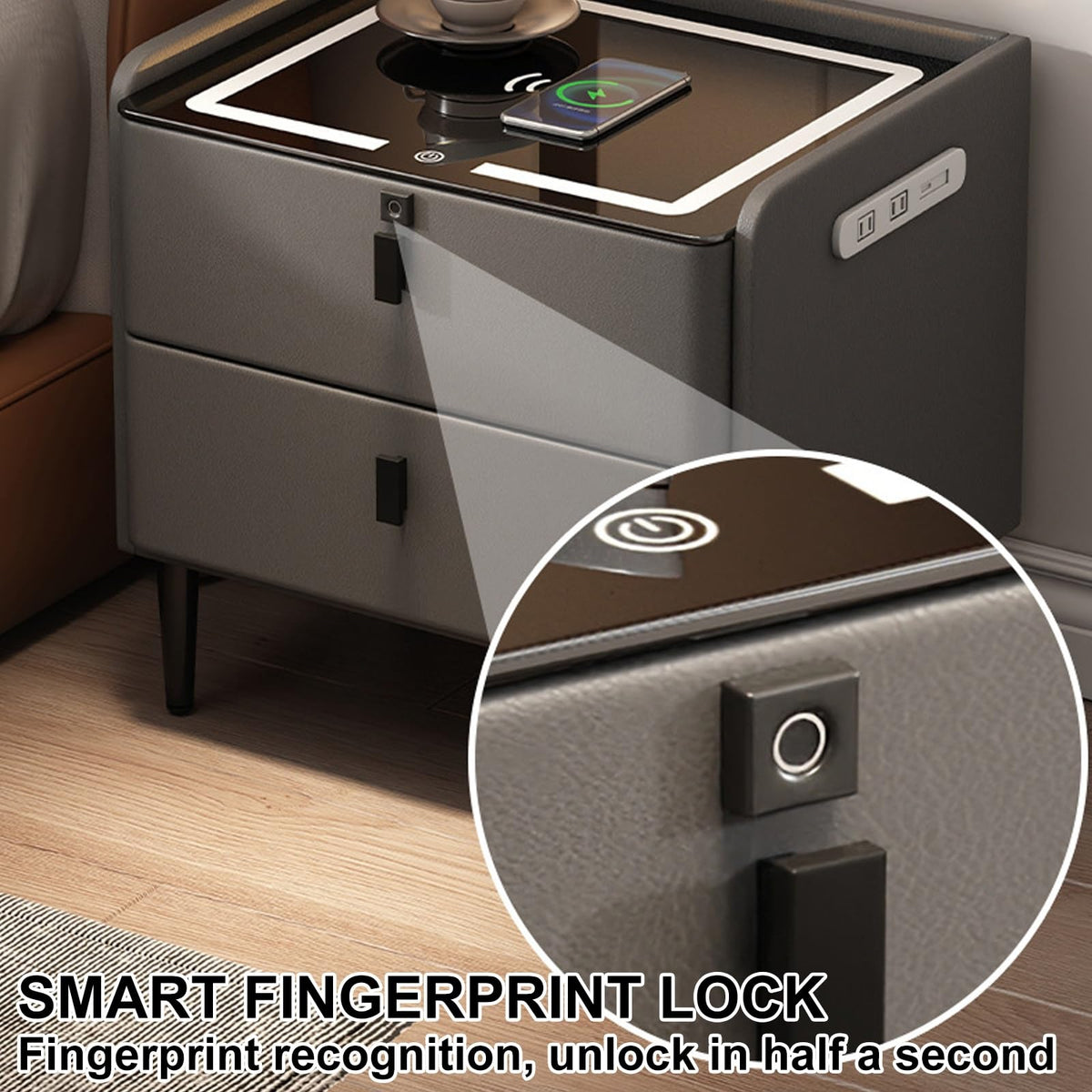Khaki Nightstand with Wireless Charging Station and 3 Drawers L235