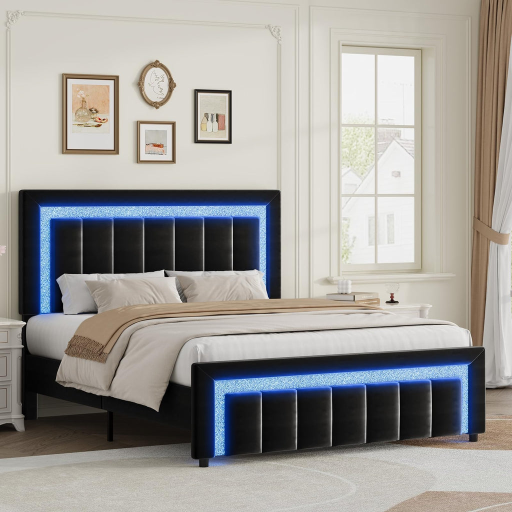 Full Size Velvet Upholstered Bed Frame with LED Lights R70114