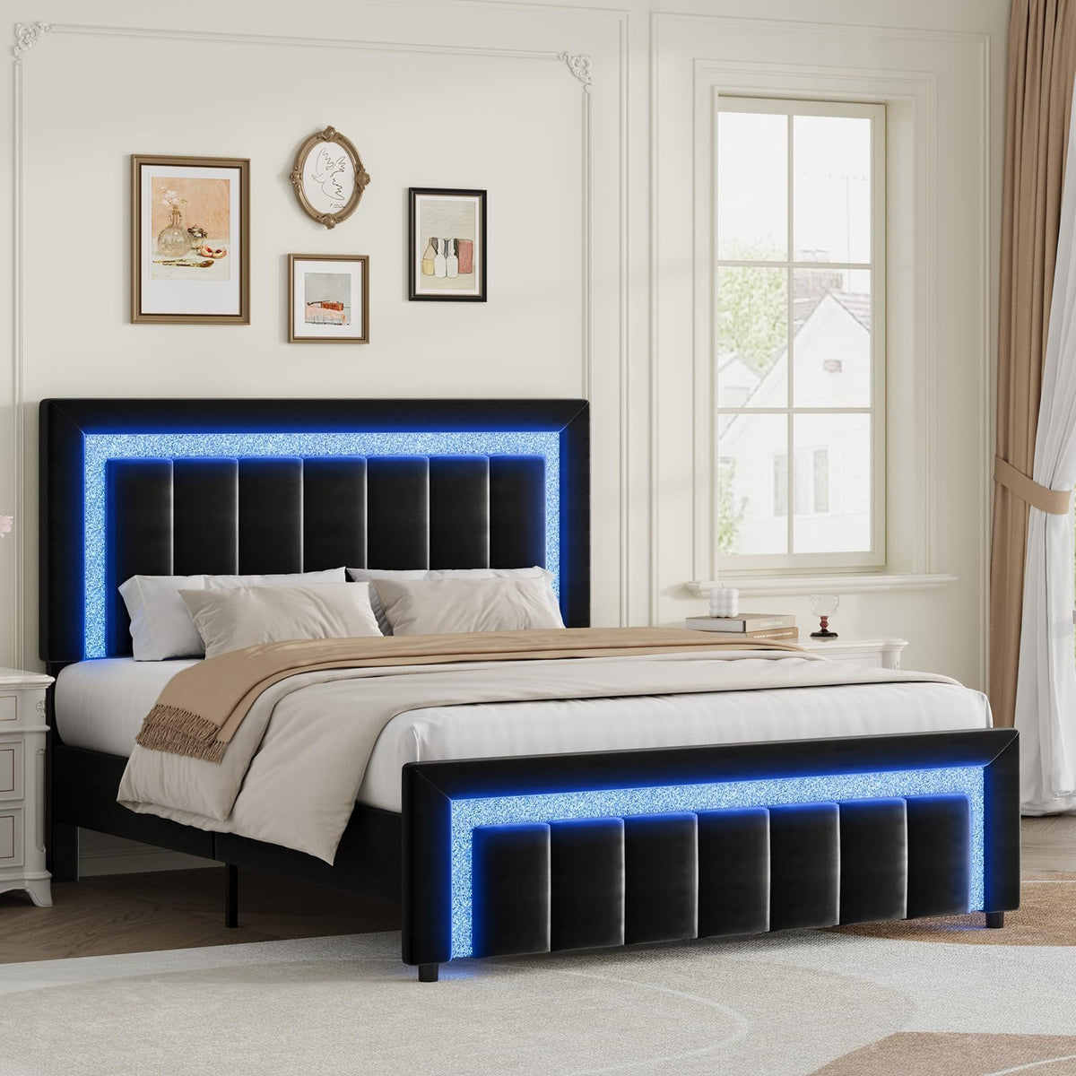 Full Size Velvet Upholstered Bed Frame with LED Lights R70114