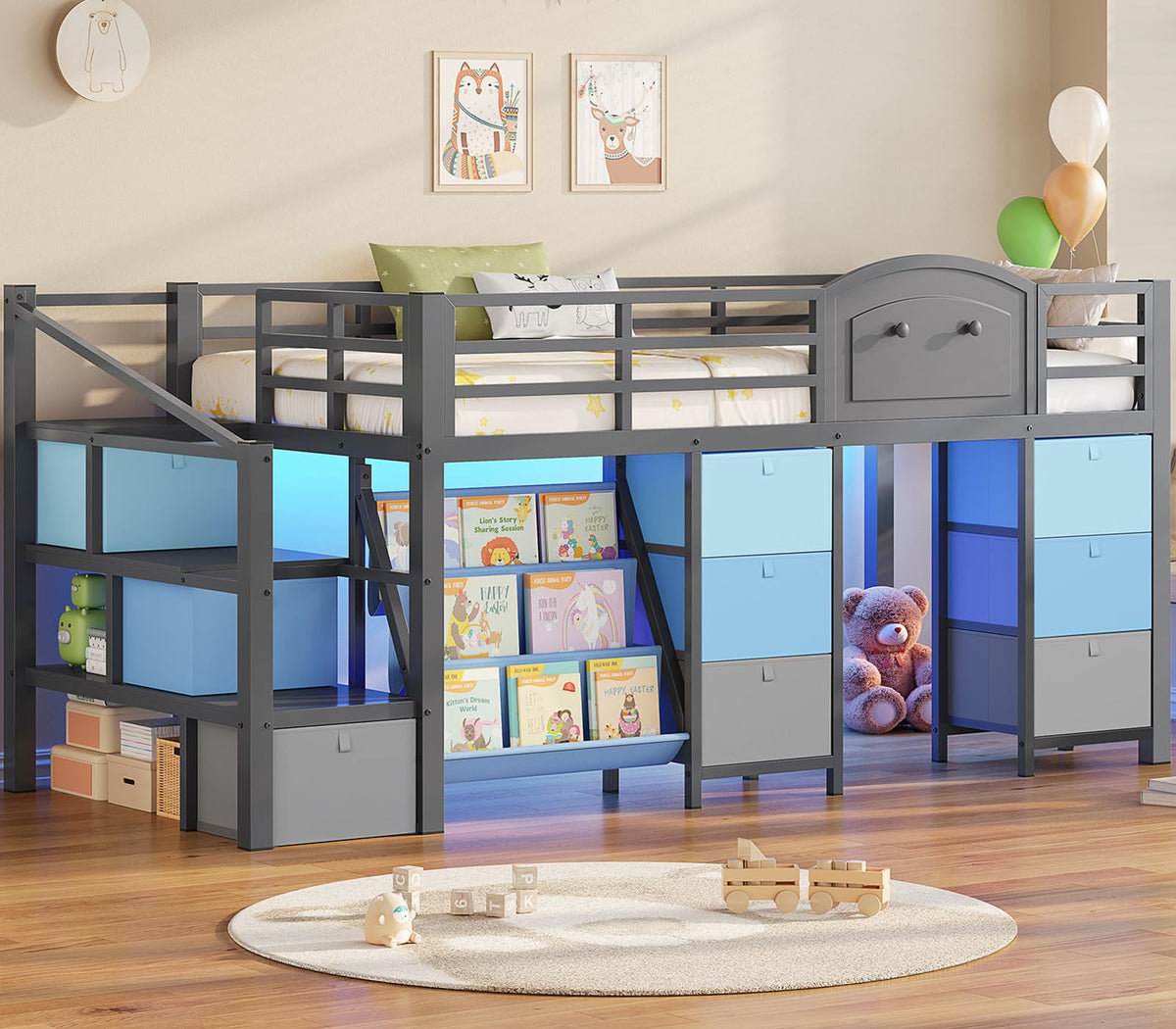Twin Size Low Loft Bed with 9 Storage Drawers and Staircase K88267