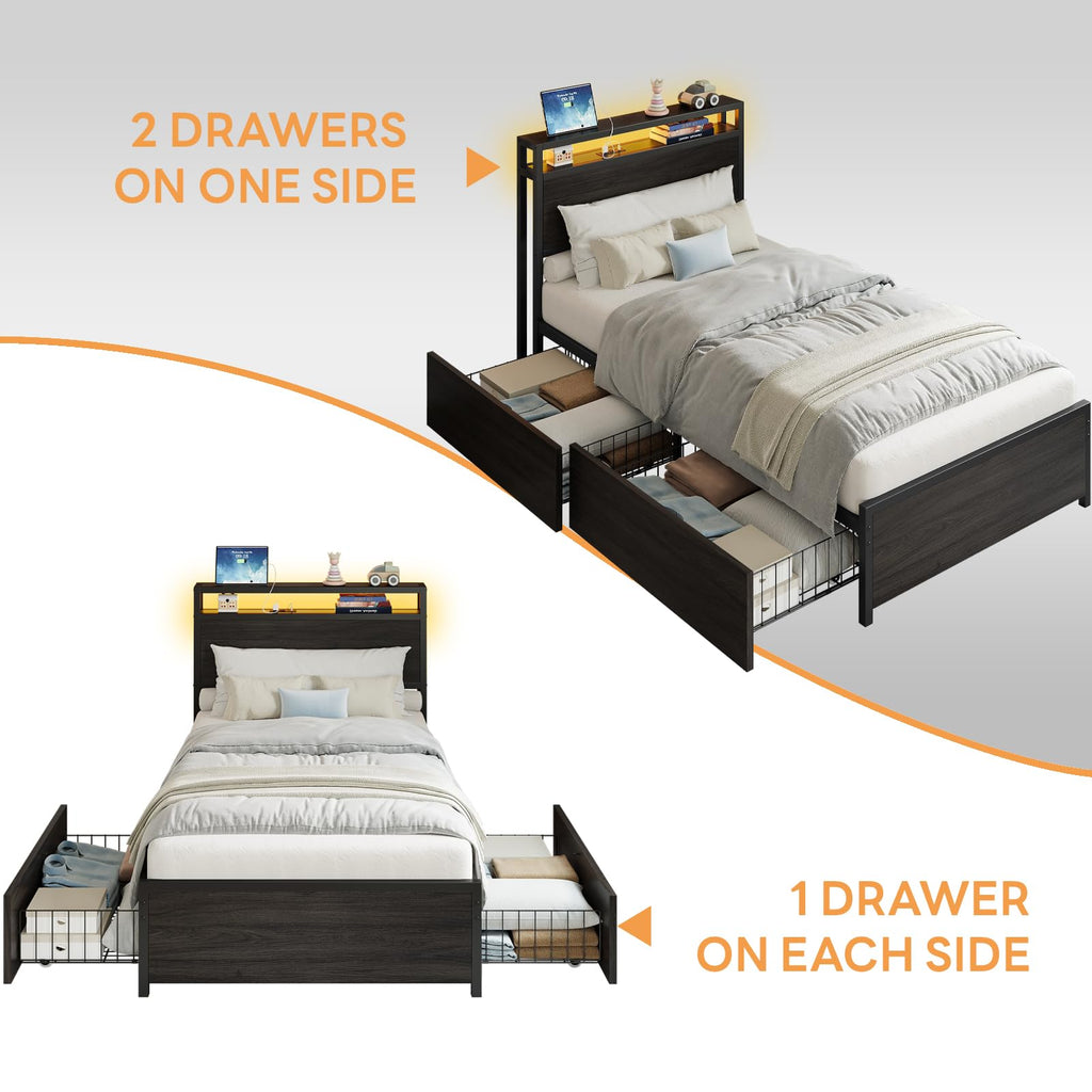 Twin Bed Frame with Storage Drawers and LED Light P987366