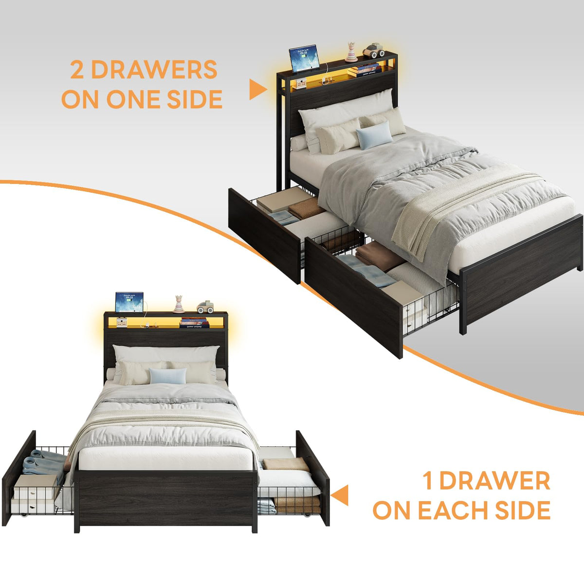 Twin Bed Frame with Storage Drawers and LED Light P987366