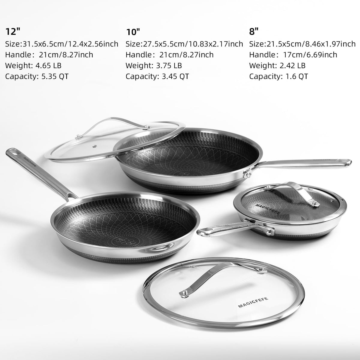 3-Piece Nonstick Stainless Steel Skillet Set with Glass Lids D435315