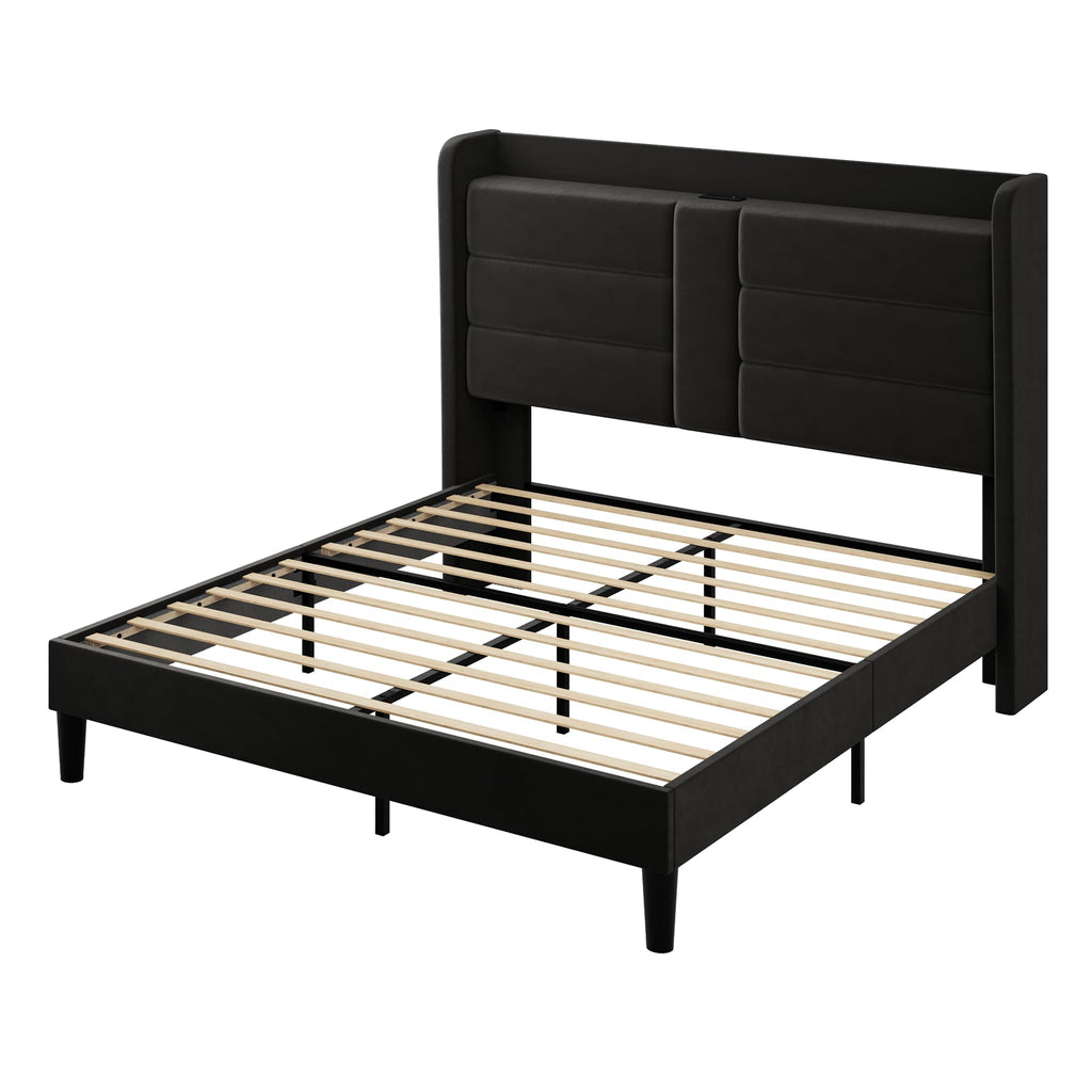Queen Size Black Velvet Upholstered Platform Bed Frame with Storage Headboard J3179