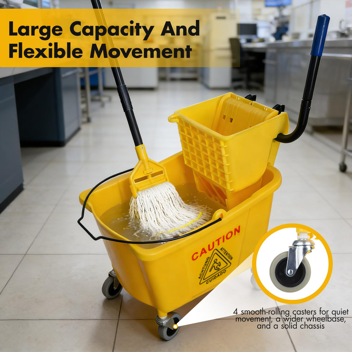 Commercial Mop Bucket with 2 Mop Heads and Caution Sign, 38 Quart R6579